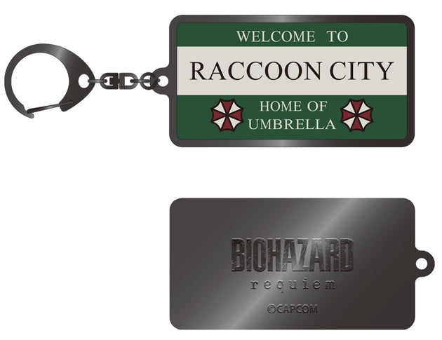Resident Evil Requiem Metal Keychain Raccoon City Welcome Sign